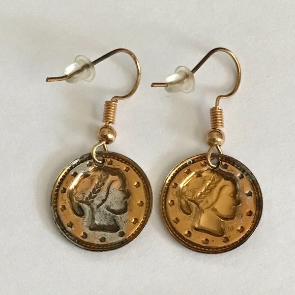 Vintage French Italian Coin Earrings Dangle Gold Plated Wire France Italy Lady - Picture 7 of 9